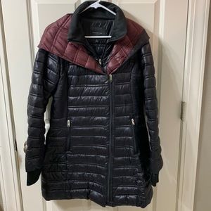Andrew Marc puffer coat - black w maroon accent/hood